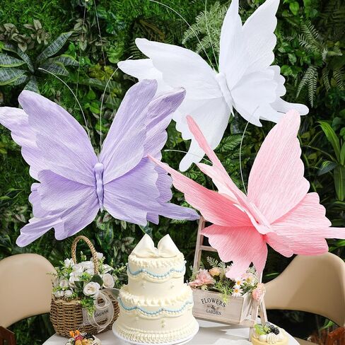 Honoson 3pcs Large Butterfly Party Decorations Hanging 3D Crepe Paper Butterfly Decoration Purple Pink White Giant Supply for Party Birthday Baby Shower Wedding Garden Wall(11inch，20 Inch) in Saudi Arabia