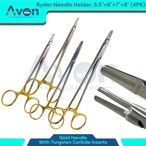 مجموعة من 4pcs Ryder Needle حامل مع كربيد التنغستن إدراج إبرة سائق TC 5.5in ، 6in ، 7in ، 8in - مقبض ذهبي - الفولاذ المقاوم للصدأ الألماني in Kuwait