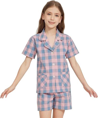 HiddenValor Girls Pajama Set, 2 Piece Cotton Button Down Short Sleeve Shorts Lounge Sleepwear With Pockets in Kuwait