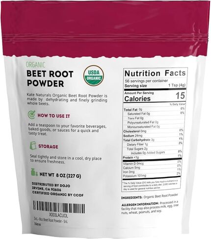 Kate Naturals Beet Beet Root Powder لعصائر ، الخبز والعصير. شمندر خام Superfood وتلوين الطعام الأحمر الطبيعي (8 أوقية ، غير المعدلة وراثيا ، نكهة ترابية) in Kuwait