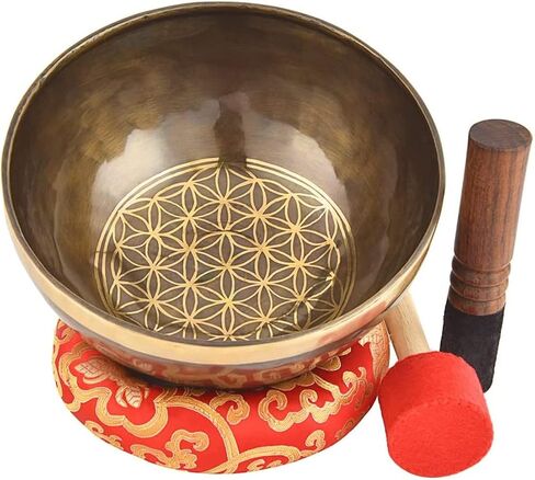 Himalayan Singing Bowl Set — 100% Handmade 8" Meditation Sound Bowl Handcrafted in Nepal with Mallet Striker & Cushion for Spiritual Healing, Mindfulness, Yoga & Relaxation, Flower of Life in Saudi Arabia