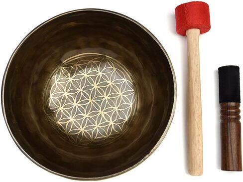 Himalayan Singing Bowl Set — 100% Handmade 8" Meditation Sound Bowl Handcrafted in Nepal with Mallet Striker & Cushion for Spiritual Healing, Mindfulness, Yoga & Relaxation, Flower of Life in Saudi Arabia