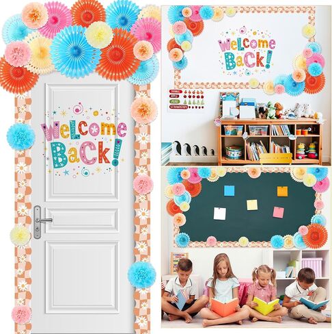 Supervitae 46 PCS Spring Bulletin Decorations Spring Flowers Classroom Bulletin Border with Paper Fans Trisue Paper Flowers for Champroom Blackboard Home Wall Decorations in Saudi Arabia