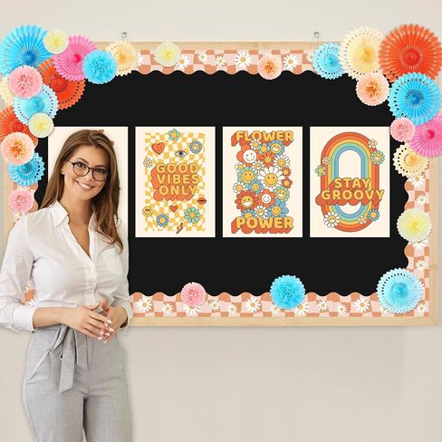 Supervitae 46 PCS Spring Bulletin Decorations Spring Flowers Classroom Bulletin Border with Paper Fans Trisue Paper Flowers for Champroom Blackboard Home Wall Decorations in Saudi Arabia