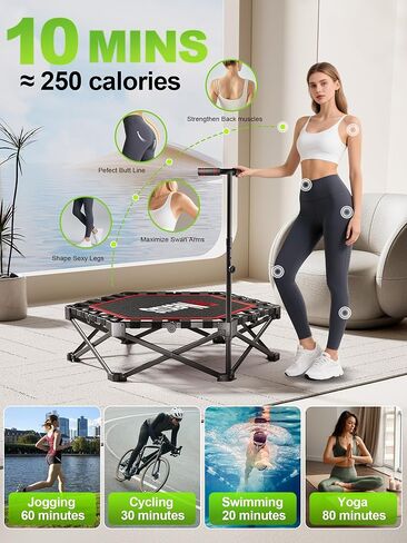 42" Foldable Mini Trampoline- 450lb Capacity Fitness Rebounder w/3-Level Adjustable T-Bar, Adults Workout Trampoline, Non-Slip Pad | Foldable Design for Home/Gym in Kuwait