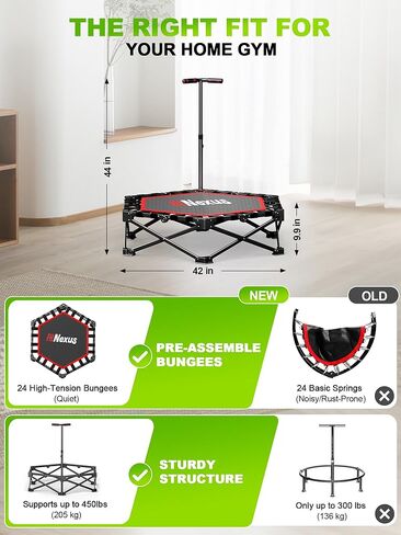 42" Foldable Mini Trampoline- 450lb Capacity Fitness Rebounder w/3-Level Adjustable T-Bar, Adults Workout Trampoline, Non-Slip Pad | Foldable Design for Home/Gym in Kuwait