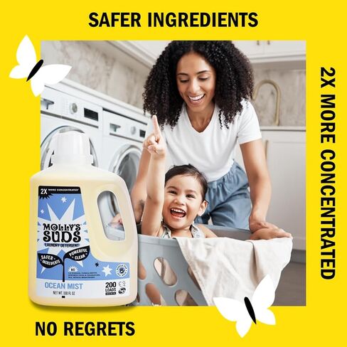 Molly's Suds Suds Liquid Synundry Sendergent | نظافة صابون المنظفات الغسيل للبشرة الحساسة | 2x مركزة ، عالية الكفاءة (HE) | ضباب المحيط - 100 شحنة in Kuwait