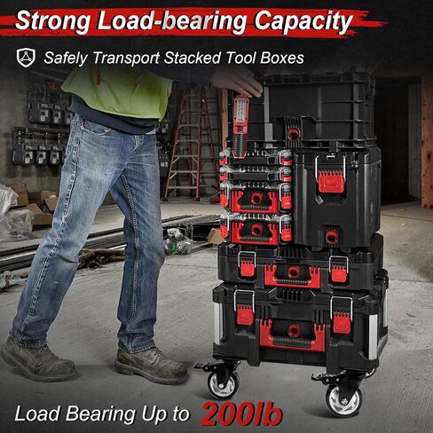 Heavy Duty Tool Box Dolly Compatible with Mil.Waukee Packout Toolboxes, Thickened Carbon Steel Frame and Larger Wheels with Brake System, No Drilling Required, Load-Bearing Capacity Up to 200lb in Kuwait