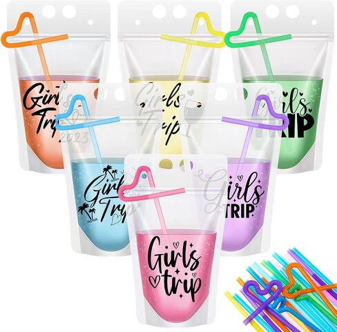 Seematn 24 Sets Girls Trip Drink Pouch Bags with Straws, Girls Weekend Getaway Drink Holders Reusable Travel Juice Bag for Sister Auntie Friends Besties Vacation in Saudi Arabia