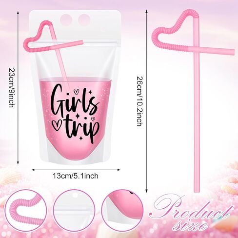 Seematn 24 Sets Girls Trip Drink Pouch Bags with Straws, Girls Weekend Getaway Drink Holders Reusable Travel Juice Bag for Sister Auntie Friends Besties Vacation in Saudi Arabia
