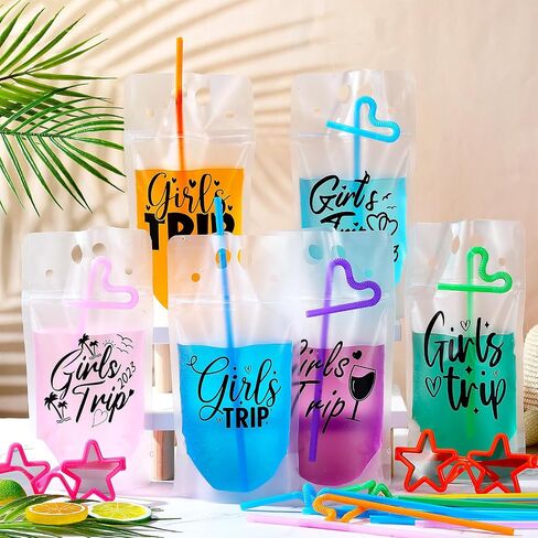 Seematn 24 Sets Girls Trip Drink Pouch Bags with Straws, Girls Weekend Getaway Drink Holders Reusable Travel Juice Bag for Sister Auntie Friends Besties Vacation in Saudi Arabia