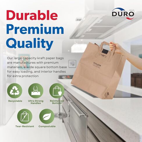 DURO 70# Heavy Duty Paper Grocery Bags with Handles 25 Count, Brown Large Shopping Bags with Handles, 12 x 7 x 14 Inches Paper Sacks for Recycling, Retail & Groceries in Saudi Arabia