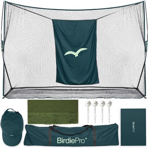 BirdiePro® - American Pro Golf Practice Net – 10x7ft Heavy Duty Golf Hitting Net with EchoShield™ Target & FlexWeave™ Net - Indoor Outdoor Training Backyard, Garage Complete Set with Mat, Balls & Cap in Kuwait