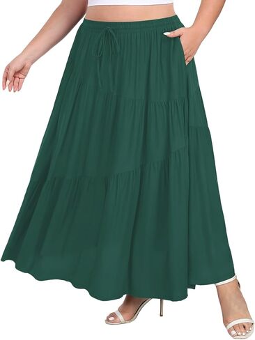 Moon Wood Women's Plus Size Tiered Maxi Skirt Elastic High Waist A Line Flowy Long Maxi Skirt with Pockets in Saudi Arabia
