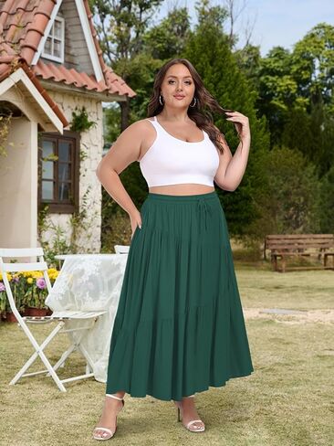Moon Wood Women's Plus Size Tiered Maxi Skirt Elastic High Waist A Line Flowy Long Maxi Skirt with Pockets in Saudi Arabia