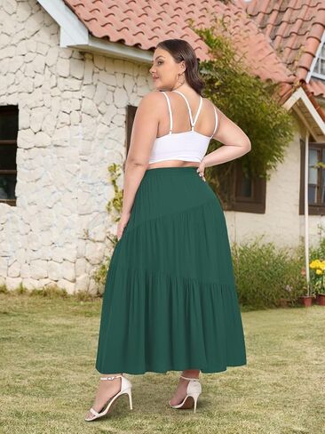 Moon Wood Women's Plus Size Tiered Maxi Skirt Elastic High Waist A Line Flowy Long Maxi Skirt with Pockets in Saudi Arabia