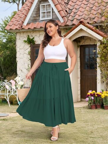 Moon Wood Women's Plus Size Tiered Maxi Skirt Elastic High Waist A Line Flowy Long Maxi Skirt with Pockets in Saudi Arabia