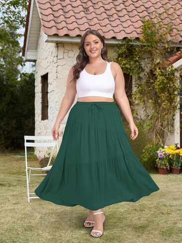 Moon Wood Women's Plus Size Tiered Maxi Skirt Elastic High Waist A Line Flowy Long Maxi Skirt with Pockets in Saudi Arabia