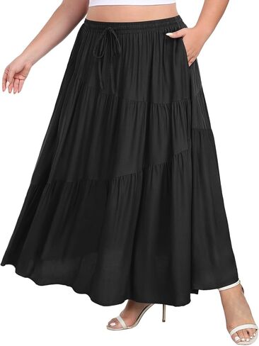 Moon Wood Women's Plus Size Tiered Maxi Skirt Elastic High Waist A Line Flowy Long Maxi Skirt with Pockets in Saudi Arabia