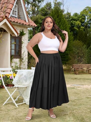 Moon Wood Women's Plus Size Tiered Maxi Skirt Elastic High Waist A Line Flowy Long Maxi Skirt with Pockets in Saudi Arabia