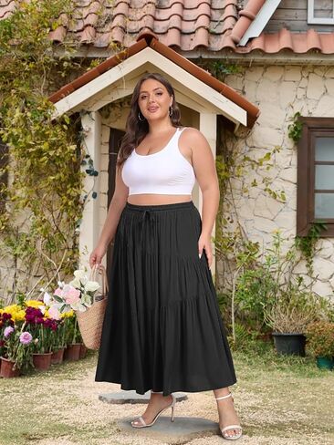 Moon Wood Women's Plus Size Tiered Maxi Skirt Elastic High Waist A Line Flowy Long Maxi Skirt with Pockets in Saudi Arabia
