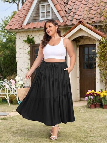 Moon Wood Women's Plus Size Tiered Maxi Skirt Elastic High Waist A Line Flowy Long Maxi Skirt with Pockets in Saudi Arabia