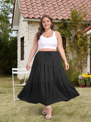 Moon Wood Women's Plus Size Tiered Maxi Skirt Elastic High Waist A Line Flowy Long Maxi Skirt with Pockets in Saudi Arabia