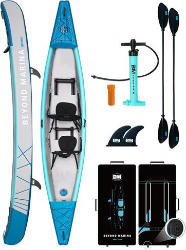 BEYOND MARINA Inflatable Kayak 1 & 2 & 3 Person Adult- Full Drop Stitch Kayak with Aluminum Paddles, Seats, Footrests, Pump, Fins in Kuwait