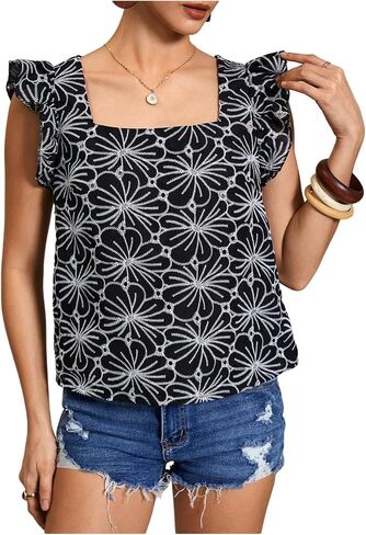 MakeMeChic Women's Floral Print Blouse Flutter Sleeve Ruffle Square Neck Summer Boho Shirt in Kuwait
