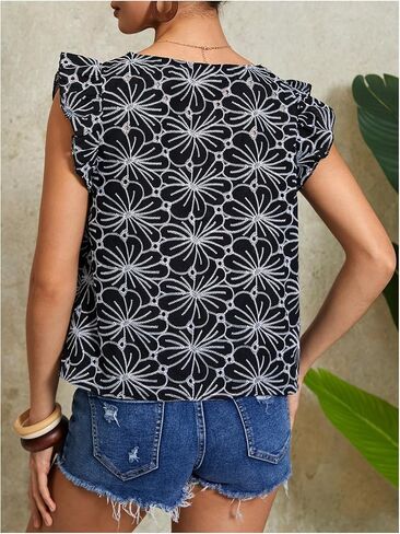 MakeMeChic Women's Floral Print Blouse Flutter Sleeve Ruffle Square Neck Summer Boho Shirt in Kuwait