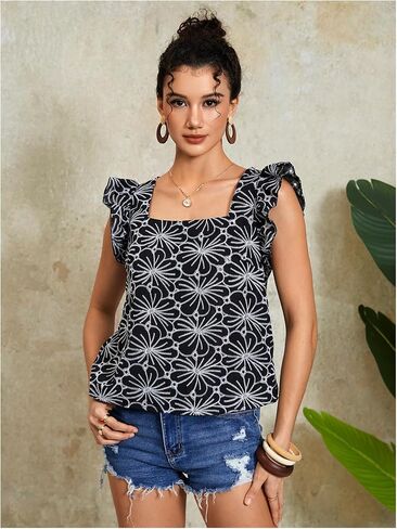 MakeMeChic Women's Floral Print Blouse Flutter Sleeve Ruffle Square Neck Summer Boho Shirt in Kuwait