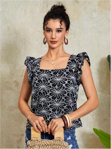 MakeMeChic Women's Floral Print Blouse Flutter Sleeve Ruffle Square Neck Summer Boho Shirt in Kuwait