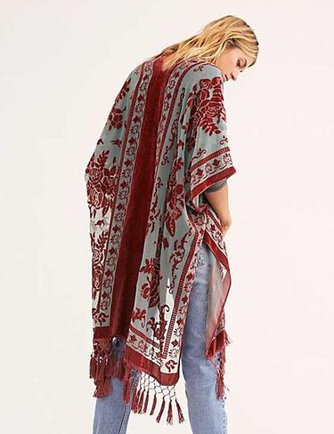 Wehello Women's Burnout Velvet Kimono Cardigan Cool مع Tassel (Martini) in Kuwait
