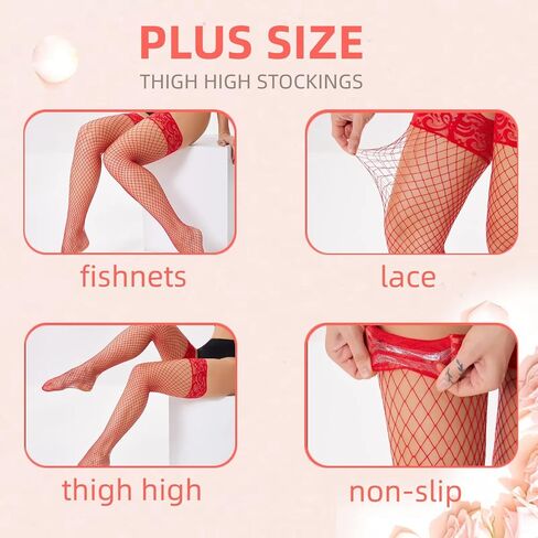2 Pairs Plus Size Fishnet Stockings for Women,Silicone Lace Thigh High Stockings,Top Sheer Stay Up Lingerie Tights in Saudi Arabia