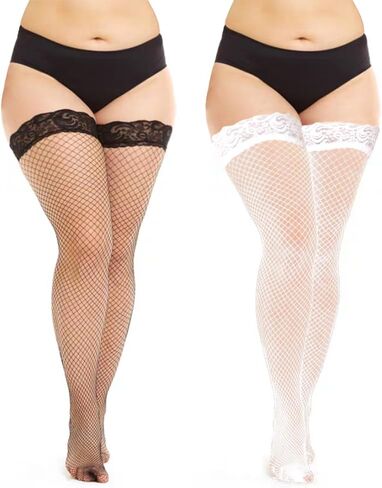 2 Pairs Plus Size Fishnet Stockings for Women,Silicone Lace Thigh High Stockings,Top Sheer Stay Up Lingerie Tights in Saudi Arabia