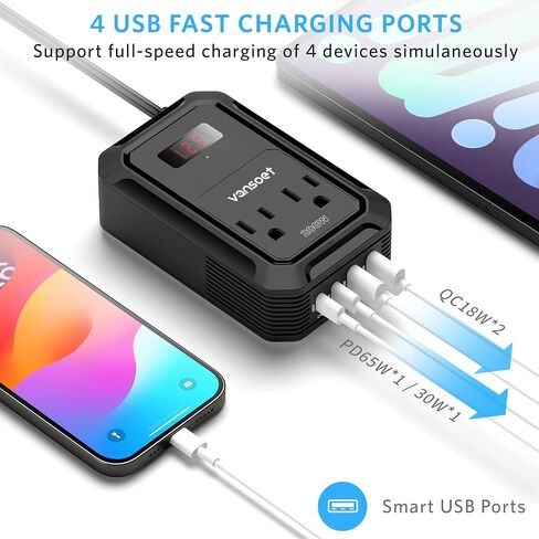 200W Car Power Inverter DC 12V to 110V AC Inverter with PD 65W/30W USB C & 2 QC 18W USB Ports & 2 AC Outlets,Car Pluɡ Adapter Outlet for Laptop/Phone/Road Trip in Saudi Arabia