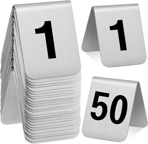 Blulu 50 Pcs Stainless Steel Table Numbers 1-50 Tent Style 3.0 x 2.4 Inch Double Side Restaurants Table Number Card Signs for Wedding Reception Party Banquets Anniversaries Cafes Bars Supplies in Saudi Arabia