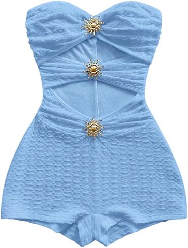 MakeMeChic Women's Summer Short Rompers Twist Bandeau Strapless One Piece Jumpsuits in Kuwait