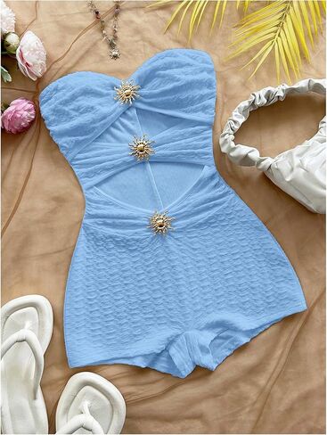 MakeMeChic Women's Summer Short Rompers Twist Bandeau Strapless One Piece Jumpsuits in Kuwait