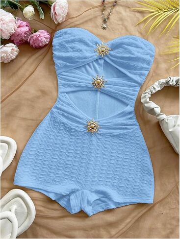 MakeMeChic Women's Summer Short Rompers Twist Bandeau Strapless One Piece Jumpsuits in Kuwait