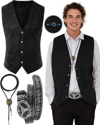 ملابس رعاة البقر للرجال ، سترة غربية للرجال ، رعاة البقر من جلد الغزال سترة جلدية مع حزام غربي العنق لجميع القديسين in Kuwait