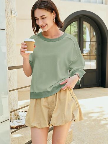 Nirovien Womens Short Sleeve Sweatshirt Oversized Crewneck Sweatshirts 3/4 Sleeve Casual Summer Tops in Saudi Arabia