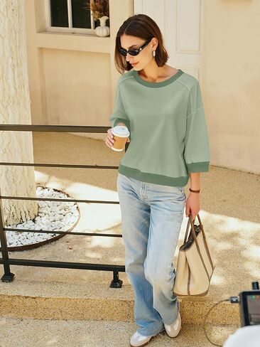 Nirovien Womens Short Sleeve Sweatshirt Oversized Crewneck Sweatshirts 3/4 Sleeve Casual Summer Tops in Saudi Arabia