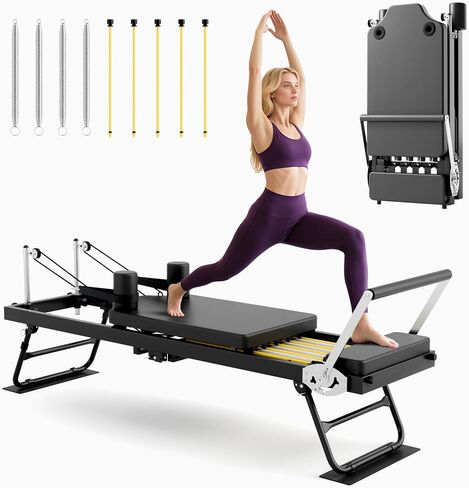 Pilates Reformer, Foldable Reformer Pilates Machine with Dual Resistance - Springs and Cord, Pilates Machine for Advanced and Beginners Users, Up to 300 lbs Weight Capacity, Black in Saudi Arabia