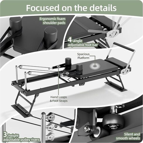 Pilates Reformer, Foldable Reformer Pilates Machine with Dual Resistance - Springs and Cord, Pilates Machine for Advanced and Beginners Users, Up to 300 lbs Weight Capacity, Black in Saudi Arabia