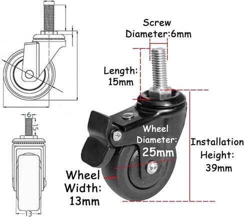 Mini Swivel Caster Wheels,1inch Threaded Stem Casters,Stem M6x15mm,Ball Bearing Silent TPE Rubber Caster Wheels,with Brake and Screws for Furniture Trolley and Shelves,Set of 4 in Saudi Arabia