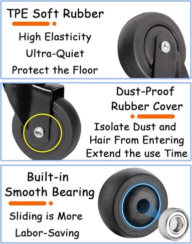 Mini Swivel Caster Wheels,1inch Threaded Stem Casters,Stem M6x15mm,Ball Bearing Silent TPE Rubber Caster Wheels,with Brake and Screws for Furniture Trolley and Shelves,Set of 4 in Saudi Arabia