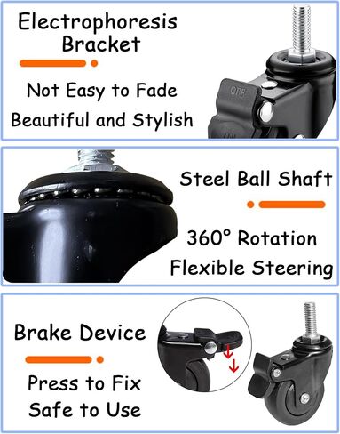 Mini Swivel Caster Wheels,1inch Threaded Stem Casters,Stem M6x15mm,Ball Bearing Silent TPE Rubber Caster Wheels,with Brake and Screws for Furniture Trolley and Shelves,Set of 4 in Saudi Arabia