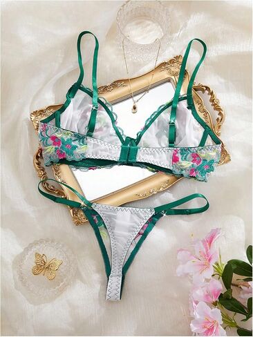 SOLY HUX Women's Sexy Lingerie Floral Embroidery Mesh Push Up Bra and Panty Thongs Underwear 2 Piece Set in Saudi Arabia