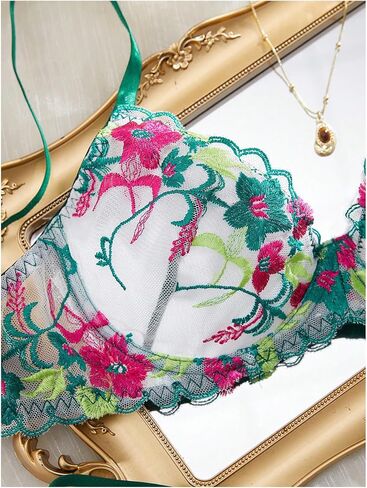 SOLY HUX Women's Sexy Lingerie Floral Embroidery Mesh Push Up Bra and Panty Thongs Underwear 2 Piece Set in Saudi Arabia